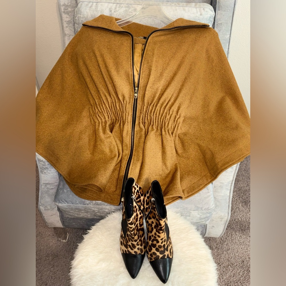 Steve Madden Camel Cape Sweater with Donald J. Pliner Boots.
